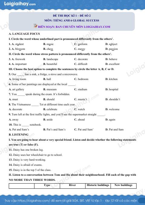 Đề thi học kì 1 Tiếng Anh 6 Global Success - Đề số 2